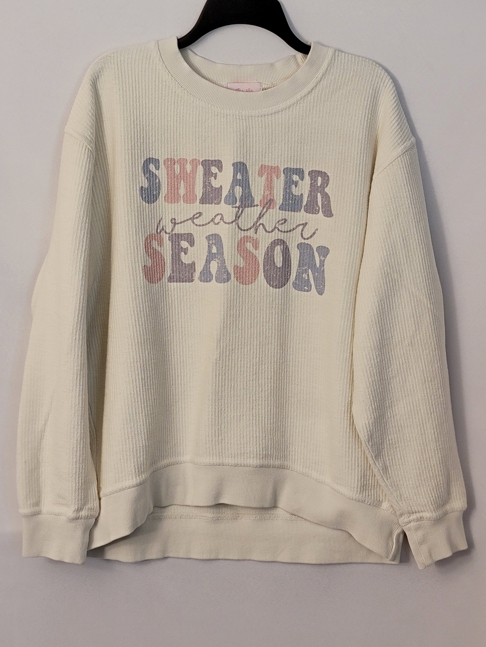Pink Lily Cream "Sweater Weather Season" Ribbed Sweatshirt Size L